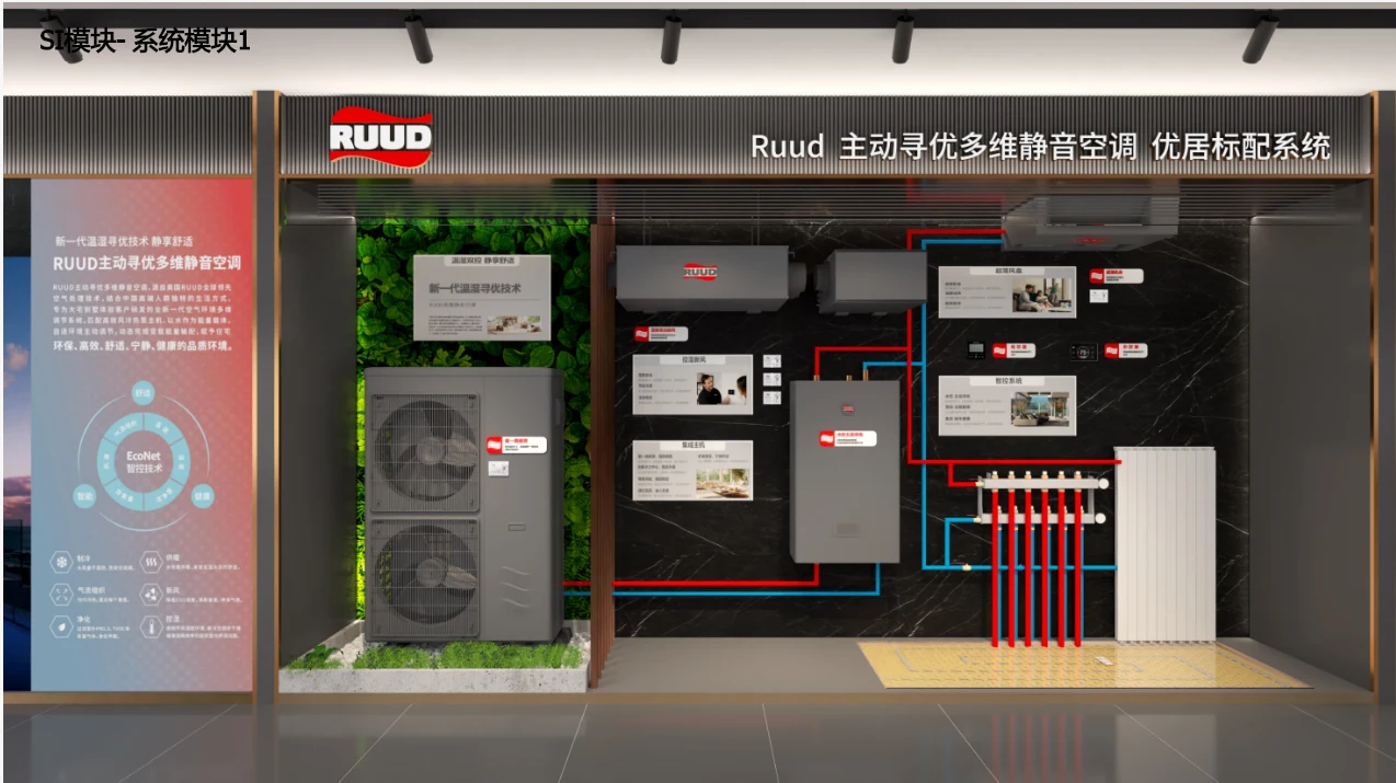 系统墙:室外机 + 红蓝管路 + 系统图板,把暖通系统拆成看得懂的一张图