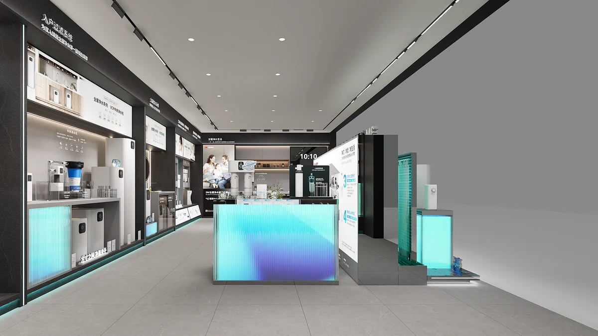 3M 全屋净水门店主展墙:产品线按用水逻辑集中呈现,构成新品上市的内容现场